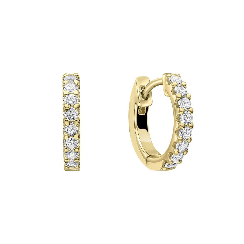 Gold hoop earrings with clear gemstones on a white background