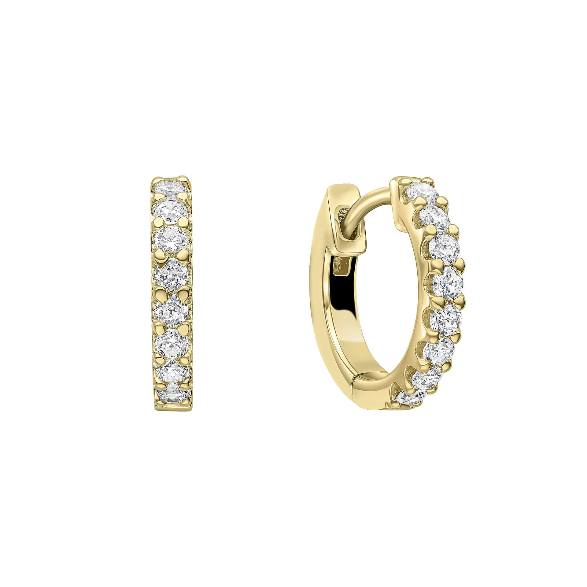 Gold hoop earrings with clear gemstones on a white background