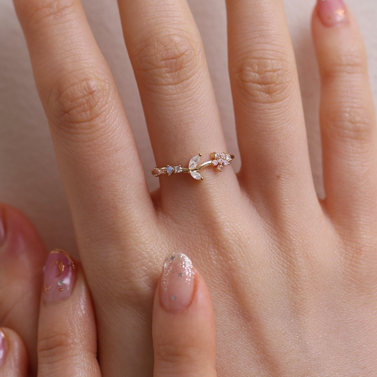 Moonstone flower leaf ring